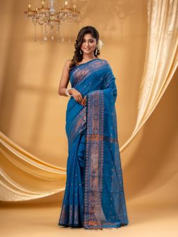 DESH BIDESH - Women Blue Cotton Silk Self Design Saree with Unstitched Blouse