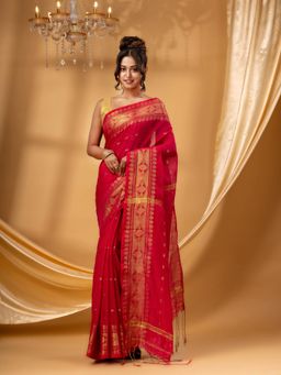 DESH BIDESH - Women Pink Cotton Silk Self Design Saree with Unstitched Blouse