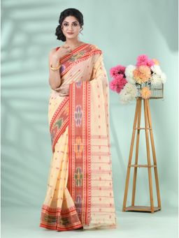 DESH BIDESH - Women Cream Pure Cotton Floral Saree with Unstitched Blouse