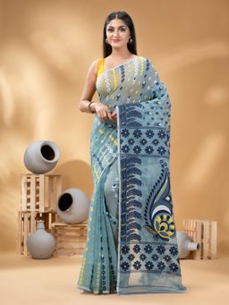DESH BIDESH - Women Grey Pure Cotton Floral Saree without Blouse