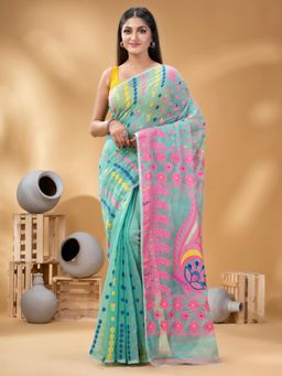 DESH BIDESH - Women Green Pure Cotton Floral Saree without Blouse