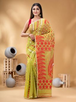 DESH BIDESH - Women Green Pure Cotton Floral Saree without Blouse