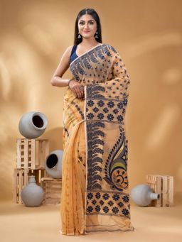 DESH BIDESH - Women Cream Pure Cotton Floral Saree without Blouse