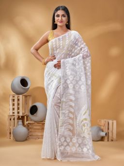 DESH BIDESH - Women White Pure Cotton Floral Saree without Blouse
