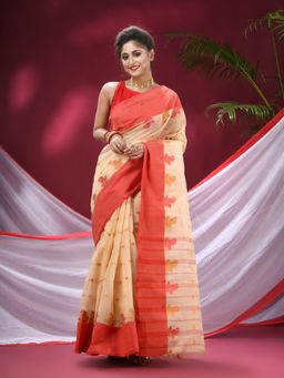 DESH BIDESH - Women Cream Pure Cotton Woven Saree without Blouse