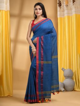DESH BIDESH - Women Blue Cotton Woven Saree with Unstitched Blouse
