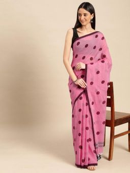 DESH BIDESH - Women Pink Pure Cotton Polka Dots Saree without Blouse