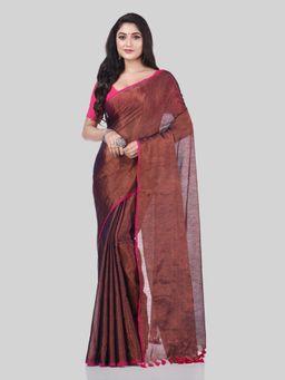 DESH BIDESH - Women Brown Tissue Solid Saree with Unstitched Blouse