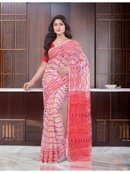 DESH BIDESH - Women White Pure Cotton Self Design Saree without Blouse