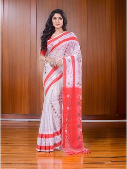 DESH BIDESH - Women White Pure Cotton Self Design Saree without Blouse