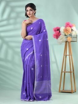 DESH BIDESH - Women Purple Cotton Silk Self Design Saree with Unstitched Blouse