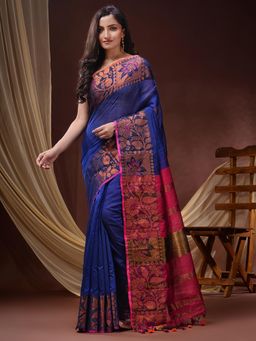 DESH BIDESH - Women Blue Cotton Silk Floral Saree with Unstitched Blouse