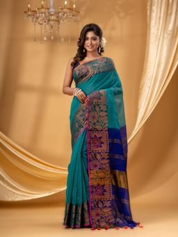 DESH BIDESH - Women Aqua Cotton Silk Floral Saree with Unstitched Blouse