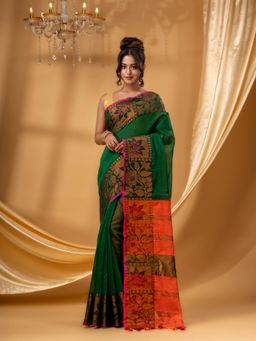 DESH BIDESH - Women Green Cotton Silk Floral Saree with Unstitched Blouse