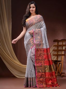 DESH BIDESH - Women Grey Cotton Silk Floral Saree with Unstitched Blouse