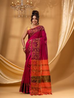DESH BIDESH - Women Magenta Cotton Silk Floral Saree with Unstitched Blouse