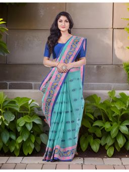 DESH BIDESH - Women Blue Pure Cotton Self Design Saree without Blouse