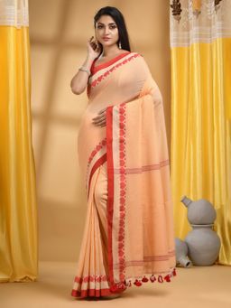 DESH BIDESH - Women Cream Cotton Embroidered Saree with Unstitched Blouse