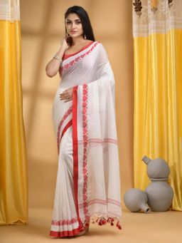 DESH BIDESH - Women White Cotton Embroidered Saree with Unstitched Blouse
