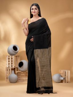 DESH BIDESH - Women Black Cotton Solid Saree without Blouse