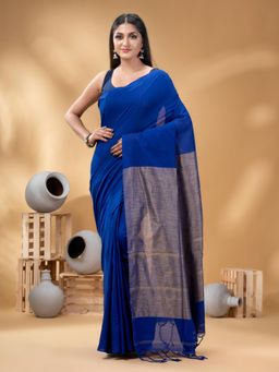 DESH BIDESH - Women Blue Cotton Solid Saree without Blouse