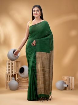DESH BIDESH - Women Green Cotton Solid Saree without Blouse