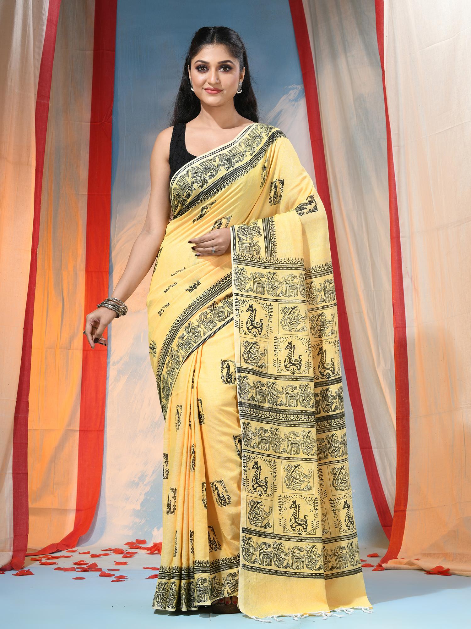 Women Yellow Pure Cotton Printed Saree without Blouse-image-9