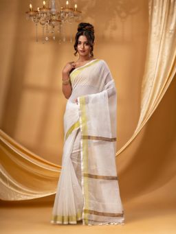 DESH BIDESH - Women Gold Cotton Blend Solid Saree without Blouse