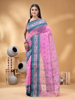 DESH BIDESH - Women Pink Pure Cotton Floral Saree without Blouse