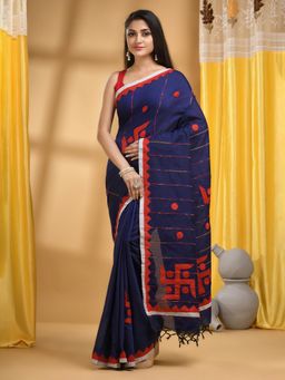 DESH BIDESH - Women Blue Pure Cotton Embroidered Saree with Unstitched Blouse