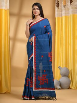DESH BIDESH - Women Blue Pure Cotton Embroidered Saree with Unstitched Blouse