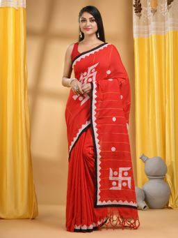 DESH BIDESH - Women Red Pure Cotton Embroidered Saree with Unstitched Blouse