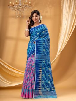 DESH BIDESH - Women Blue Pure Cotton Floral Saree without Blouse