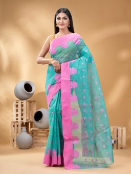 DESH BIDESH - Women Aqua Pure Cotton Floral Saree with Unstitched Blouse