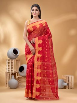 DESH BIDESH - Women Red Pure Cotton Floral Saree with Unstitched Blouse