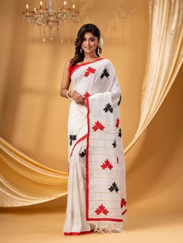 DESH BIDESH - Women White Pure Cotton Floral Saree with Unstitched Blouse