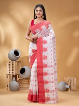 DESH BIDESH - Women White Pure Cotton Floral Saree with Unstitched Blouse