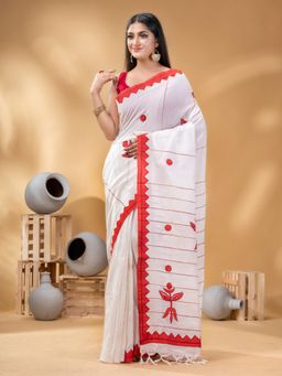 DESH BIDESH - Women White Pure Cotton Printed Saree with Unstitched Blouse