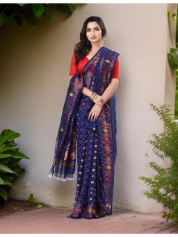 DESH BIDESH - Women Blue Pure Cotton Self Design Saree without Blouse
