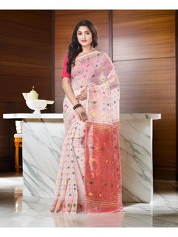 DESH BIDESH - Women White Pure Cotton Self Design Saree without Blouse