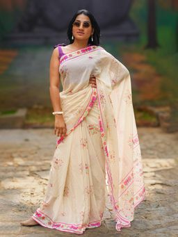 I LOVE SAREES - Women Cream Chiffon Self Design Saree without Blouse