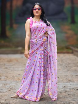I LOVE SAREES - Women Lavender Chiffon Floral Saree without Blouse