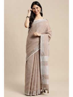 Mysilklove - Women Brown Cotton Linen Stripes Saree without Blouse