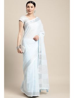 Mysilklove - Women Blue Cotton Linen Stripes Saree without Blouse