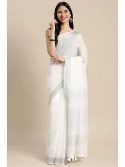 Mysilklove - Women White Cotton Linen Stripes Saree without Blouse