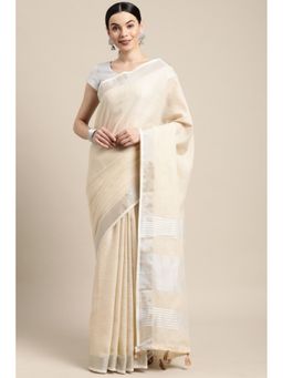 Mysilklove - Women Cream Cotton Linen Stripes Saree without Blouse