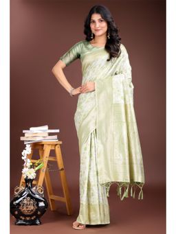 Mysilklove - Women Green Cotton Linen Self Design Saree without Blouse