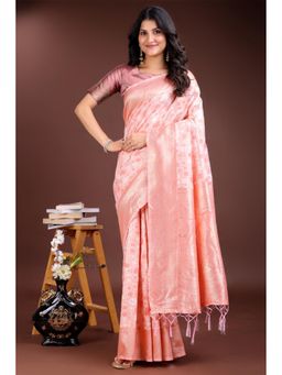 Mysilklove - Women Peach Cotton Linen Self Design Saree without Blouse
