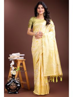 Mysilklove - Women Yellow Cotton Linen Self Design Saree without Blouse