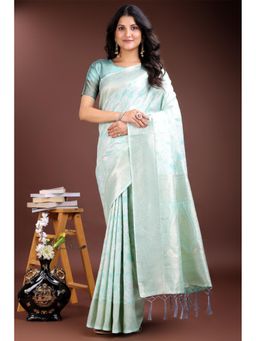 Mysilklove - Women Aqua Cotton Linen Self Design Saree without Blouse
